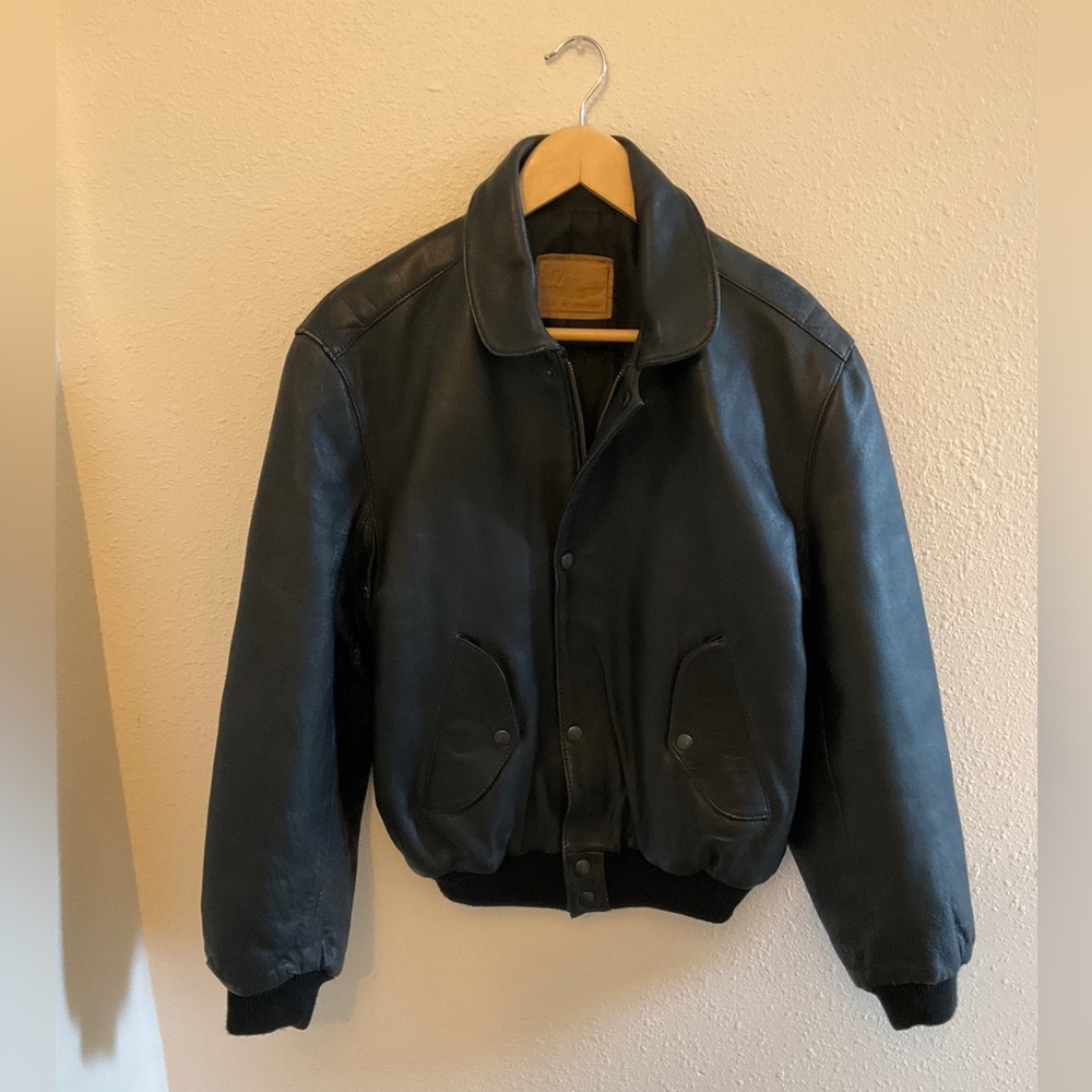 Women’s Vintage Early 90’s Black Leather Bomber Jacket-Zipper, Buttons, Pockets